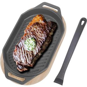 Sizzling Plate with Wooden Base for Pizza Oven and BBQ Accessories, Grizzler Pans for Outdoor BBQ Camping, 12 Inch Cast Iron Oval Pizza Pan with Removable Handle for Kitchen Stove Top, Gifts for Men