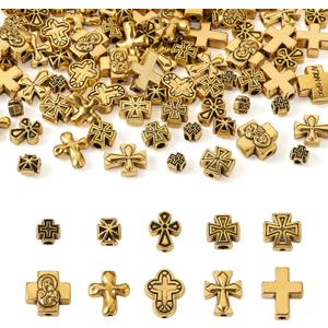 Beadthoven 100pcs Alloy Cross Beads, Tibetan Gold Cross Beads Spacers Jesus Crucifix Cross Metal Beads Vintage Gold Plated Prayer Rosary Beads for DIY Jewelry Making Bracelet Earring Necklace Supplies