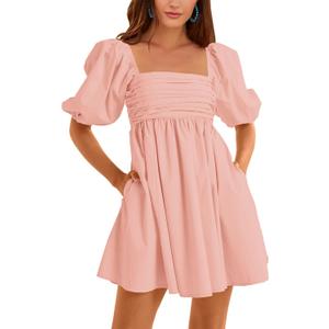 Ebifin Womens Square Neck Dresses Half Puff Sleeve High Waist A-Line Casual Backless Smocked Short Babydoll Mini Dress (Pink, L)