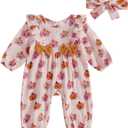 Afunbaby Halloween Baby Girl Outfit Infant Fall Clothes Long Sleeve Bubble Romper Pumpkin Bodysuit Jumpsuit with Headband, Pack Of 2 (A-Pink, 9-12 Months)