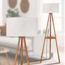 BTP Wood Tripod Floor Lamp, Farmhouse Shelf Wooden Standing light Drum Shade for Living Room, Bedroom, Office, Footswitch,ETL Listed/Brown Wood Color, 3 Color Temparature LED Bulb Include