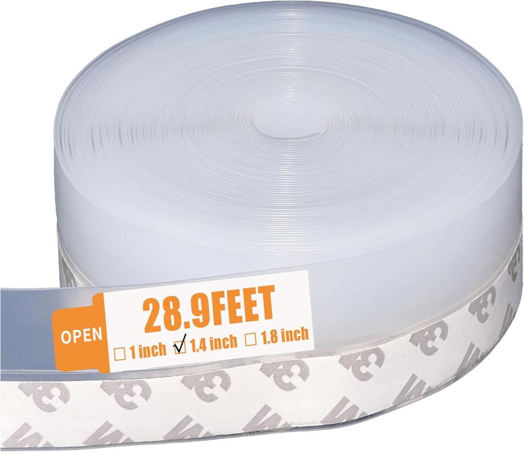 28.9 Ft Weather Stripping Door Seal Strip Tape,Silicone Draft Stopper,Self Adhesive Shower Door Bottom Seal, Insulation Strip for Frame Windows and Glass Gaps (Transparent, 35mm) (1.4 in x 28.9 ft)