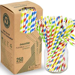 Flexible Paper Drinking Straws, 250 Count, 7.75" Long, 0.24" diameter - 100% Biodegradable - Assorted Striped Colors (Colorful Stripes)