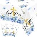 3 Pcs Baptism Tablecloth First Holy Communion Tablecloth Blue Boy God Bless Disposable Plastic Waterproof Cross Table Covers for Christening Baby Shower Religious Decor, 54 x 108 Inch