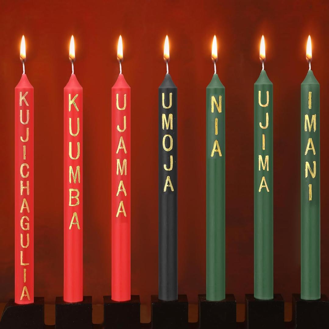 Sosation 7 Pieces Kwanzaa Kinara Candles Set with Words Kwanzaa Decorations 3 Red 3 Green 1 Black Winter Kinara Candles Celebrates African Americans Traditional House Decoration, 9.8 x 0.8 Inch