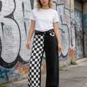SANGTREE Womens Wide Leg Jeans Elastic Waist Denim Pants Baggy Jeans for Womens Color Block L (Black, L)