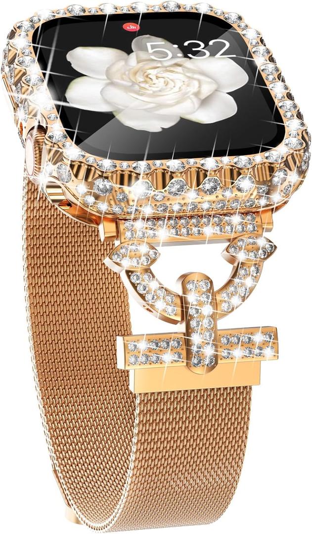 NewWays Sparkle You Days, Shine Every Moments Compatible with Apple Watch Band with Bling Case 40mm 41mm 44mm 45mm for Women, Jewelry Look Mesh Loop Magnetic Strap Protective Case for iWatch Women