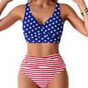 Tainehs Women's Two Piece Bikini Sets V Neck Push Up Swimsuit High Waisted Tummy Control Bathing Suit American Flag M