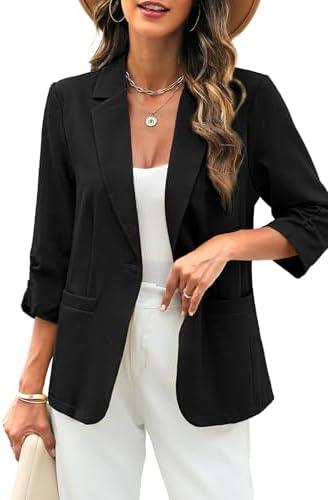 ELLEVEN Women's Linen Blazer 3/4 Ruched Sleeves, Lightweight Slim Fit Jackets with Pockets Half Lining, 2XL