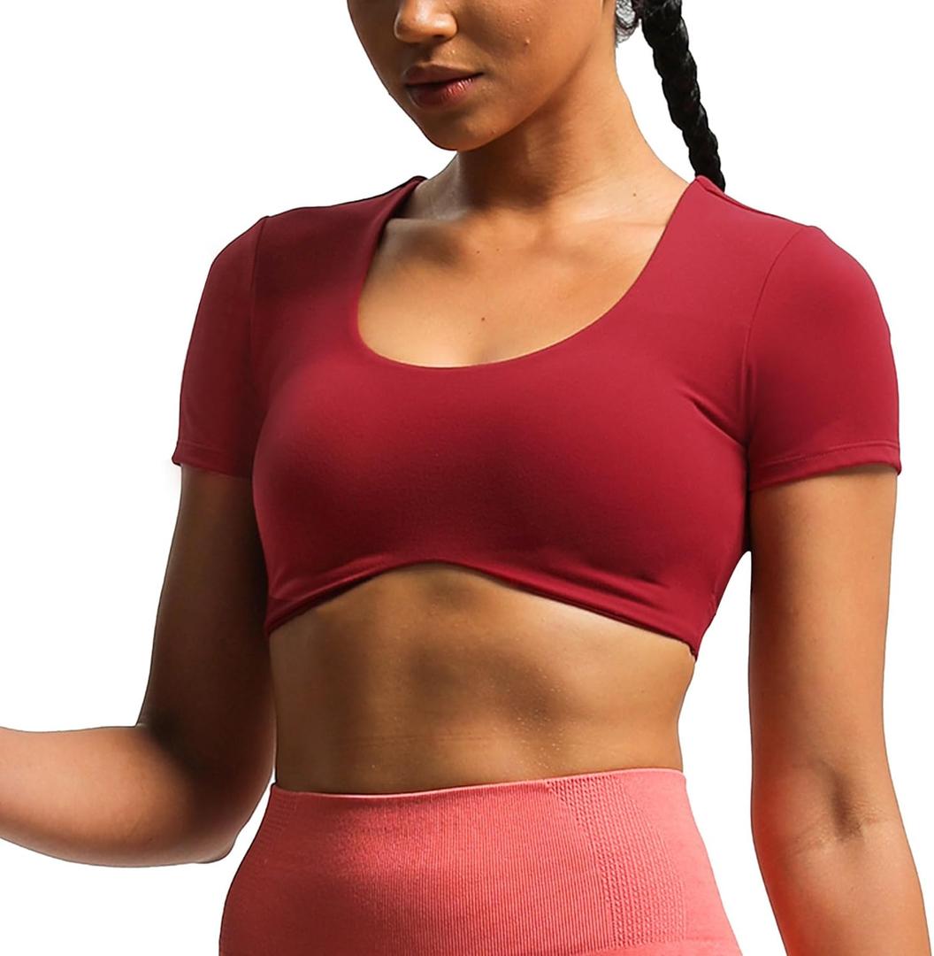 Aoxjox Short Sleeve Crop Tops for Women Define Sculpt Workout Cropped T Shirt Top (Rumba Red, X-Large)