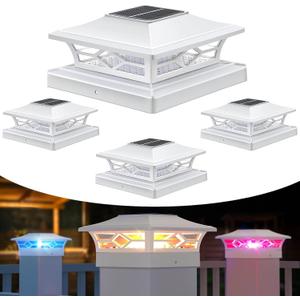 APONUO Solar Post Cap Lights with 8 RGB Colors and Multicolor Flow, Ultra-Bright Clear Lens, IP65 Waterproof for 4x4 5x5 6x6 Wood & Vinyl Fence Posts, 4 Pack White