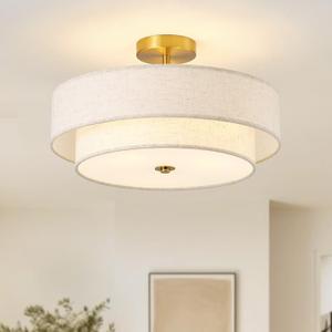 17.7" Semi Flush Mount Ceiling Light Fixtures, Gold Close to Ceiling Light Fixtures with 2-Tier Drum Fabric Lamp Shade, Modern Ceiling Light Fixtures Flush Mount for Bedroom Hallway Nursery