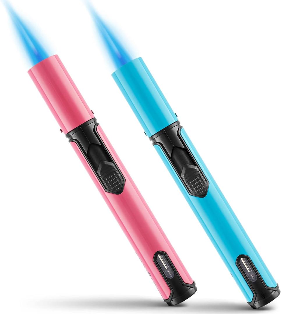 Urgrette Spring Colors 2 Pack Butane Torch Lighter, 6-inch Jet Flame Butane Lighters Refillable Pen Lighter for Grill BBQ Camping (Gas Not Included) Aqua Blue & Peach Pink