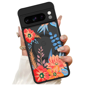 ZIYE Magnetic Case for Google Pixel 8 Pro 6.7 Inch [Compatible with MagSafe] Hard PC and Soft TPU Case with Orange Floral Flowers Anti-Scratch Shockproof Protection Phone Cover for Women