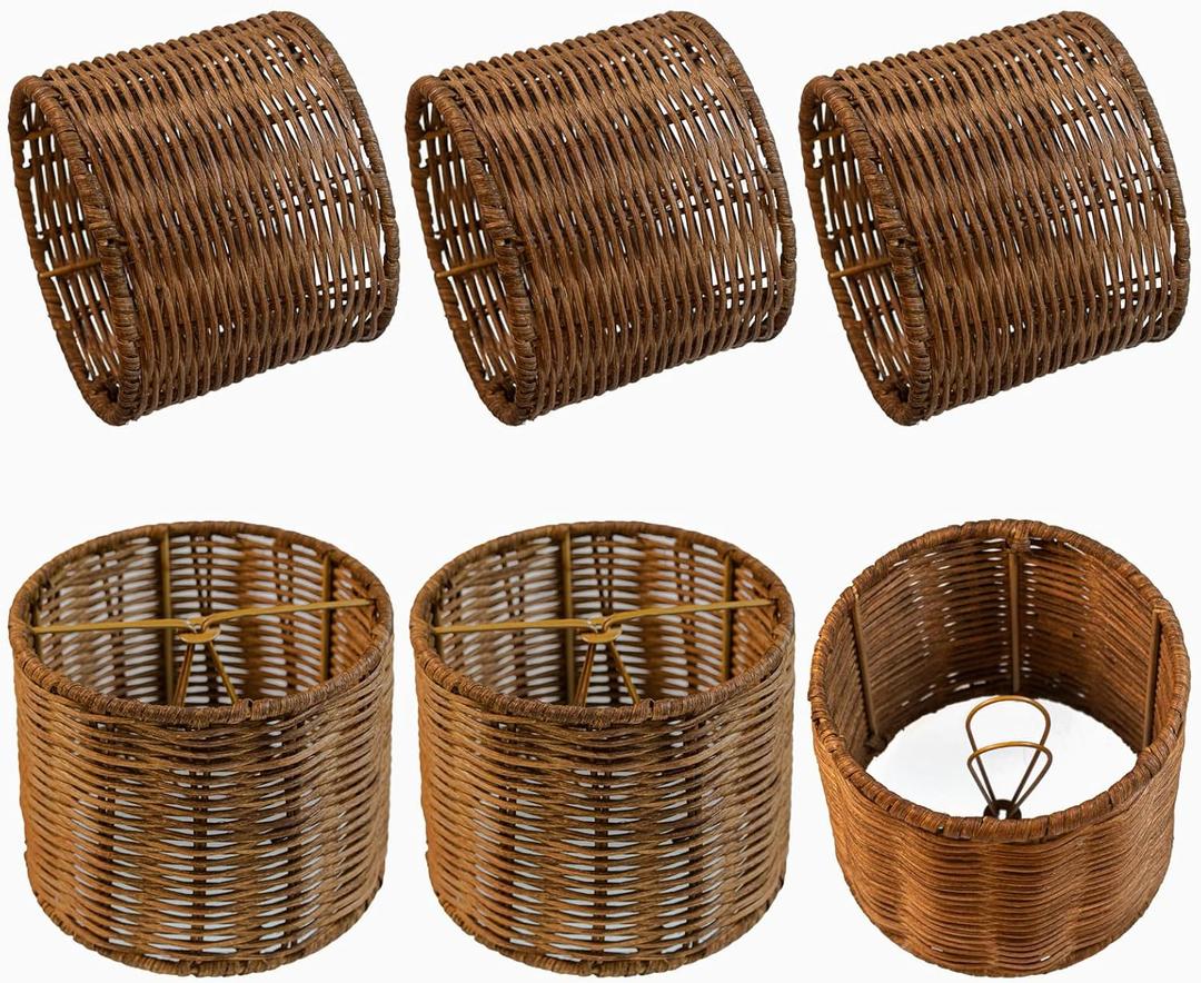 Round Chandeliers Lamp Shades Set of 6, Small Rattan Lampshades, Mini Cylinder Woven Lamps covers,Boho Lampshades Replacement, Clip on Lamps Shades for Floor Lamp Wall Sconces