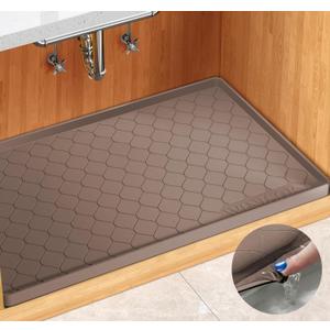 Silicone Under Sink Mat 34" x 22", Kitchen Essentials and Gadgets, Shelf Liner and Cabinet Protector, Home Organizers and Storage, Waterproof Bathroom Tray (Brown)