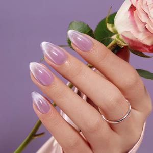 VSALON Almond Short Press On Nails, Pastel Light Purple Sheer Cat Eye | French Tip Light Curable Fake Nails, Reusable Ombre Summer Stick On False Nails - 32 Pcs Nails Kit in 16 Sizes with Glues