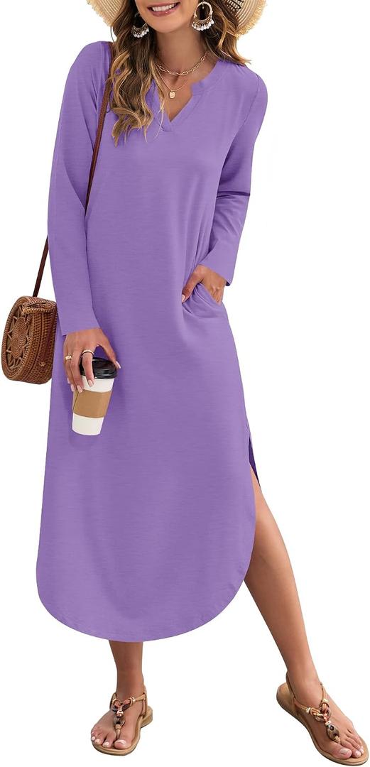 MISFAY Fall Dresses for Women 2026 Casual V Neck Long Sleeve Split Maxi Dress Loose Shirt Dress Solid Outfits with Pockets (M)