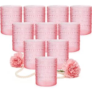 YOUBET 24PCS Plastic Drinking Glasses - 14OZ Pink Hobnail Drinkware Glasses - Vintage Glassware Textured Beaded Cups for Water, Beer, Whiskey, Juice and Various Mixed Drinks Mothers Day