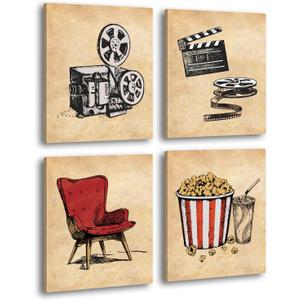 Vintage Movie Theater Wall Art, Classic Film Reel Cinema Popcorn Canvas Posters, Set of 4 (8x10 inches Framed), Retro Home Theater Media Room Decor