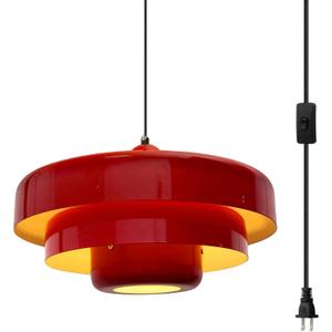 Hanging Lamp Plug in Red Pendant Light Fixtures Mid Century Modern Pendant Lamp Nordic Style Pendant Lighting Metal Shade for Living Room Dining Room Bedroom Kitchen Island