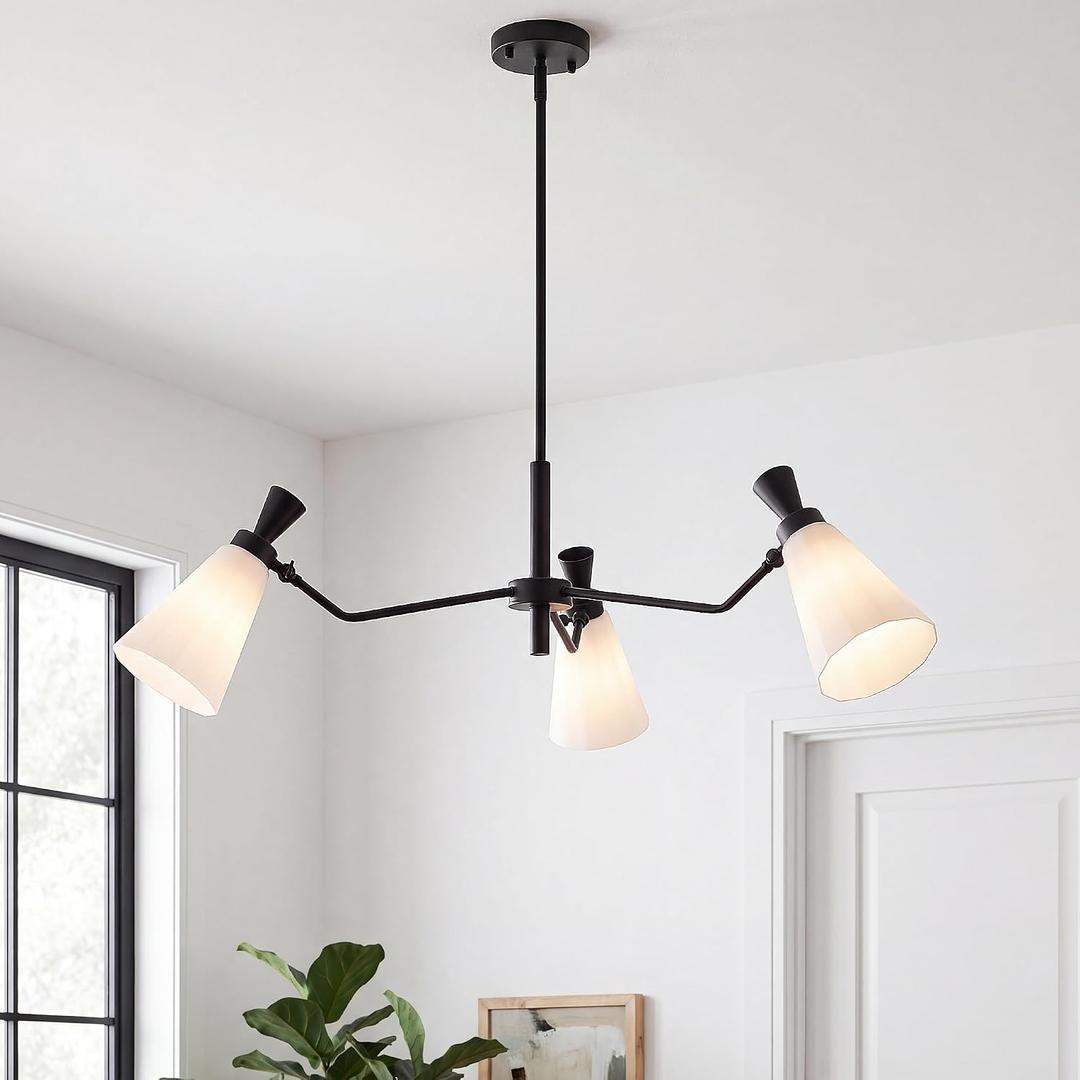 Black Dining Room Light Fixtures Over Table, 3-Light 33.5" Modern Farmhouse Chandelier with Milk Glass and Rods Adjustable Height for Kitchen Island, Foyer, Entryway, Living Room, E26 Base, Dia 32"