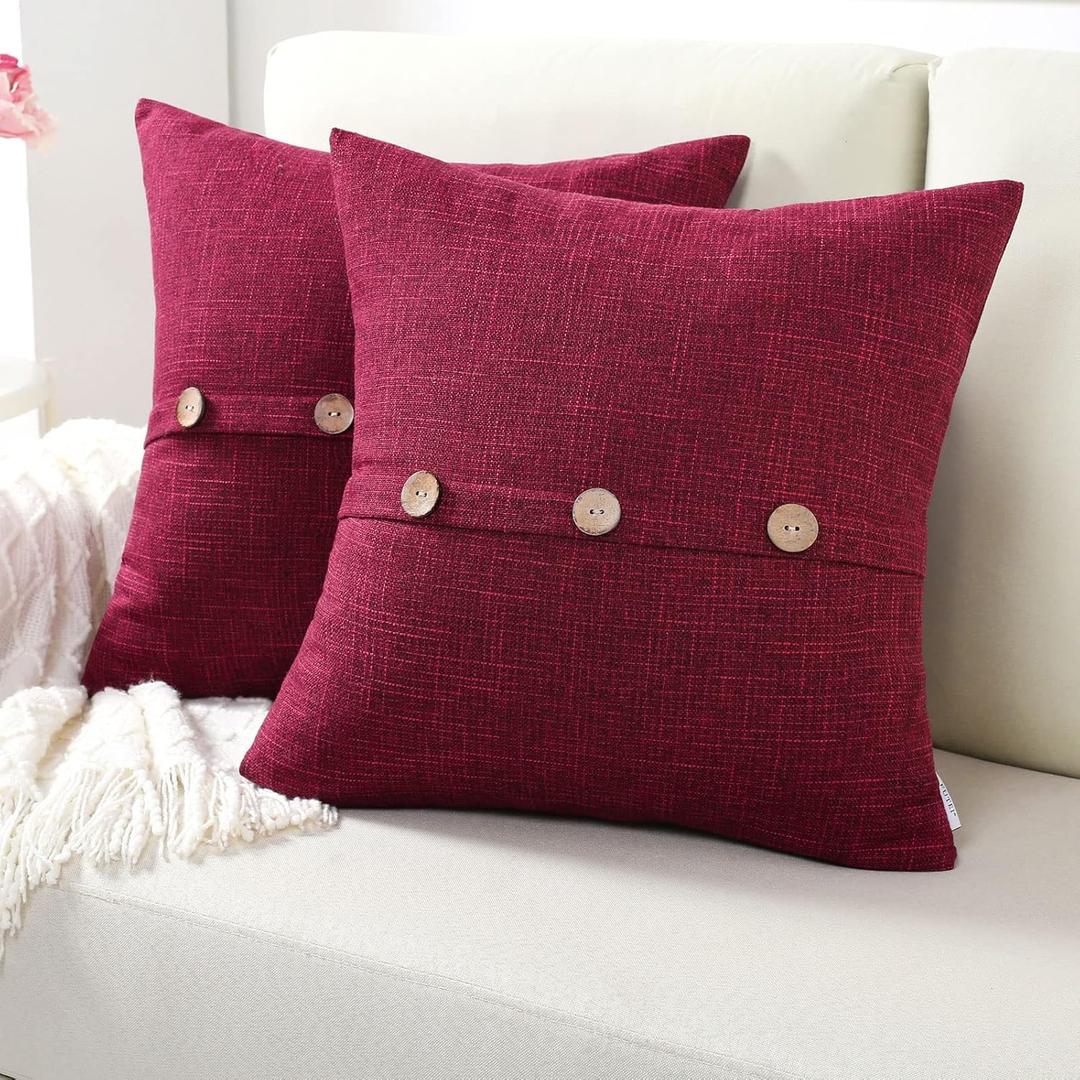 FUTEI Burgundy Linen Decorative Throw Pillow Covers 16x16 Inch Set of 2, Square Cushion Case with Vintage Button/Zipper,Modern Farmhouse Home Decor for Couch,Bed