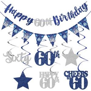 Blue Silver 60th Birthday Decorations for Men Women, Happy 60th Birthday Banner Stars Sixty Hanging Swirls Cheers to 60 Bday Decor Party Supplies Sign