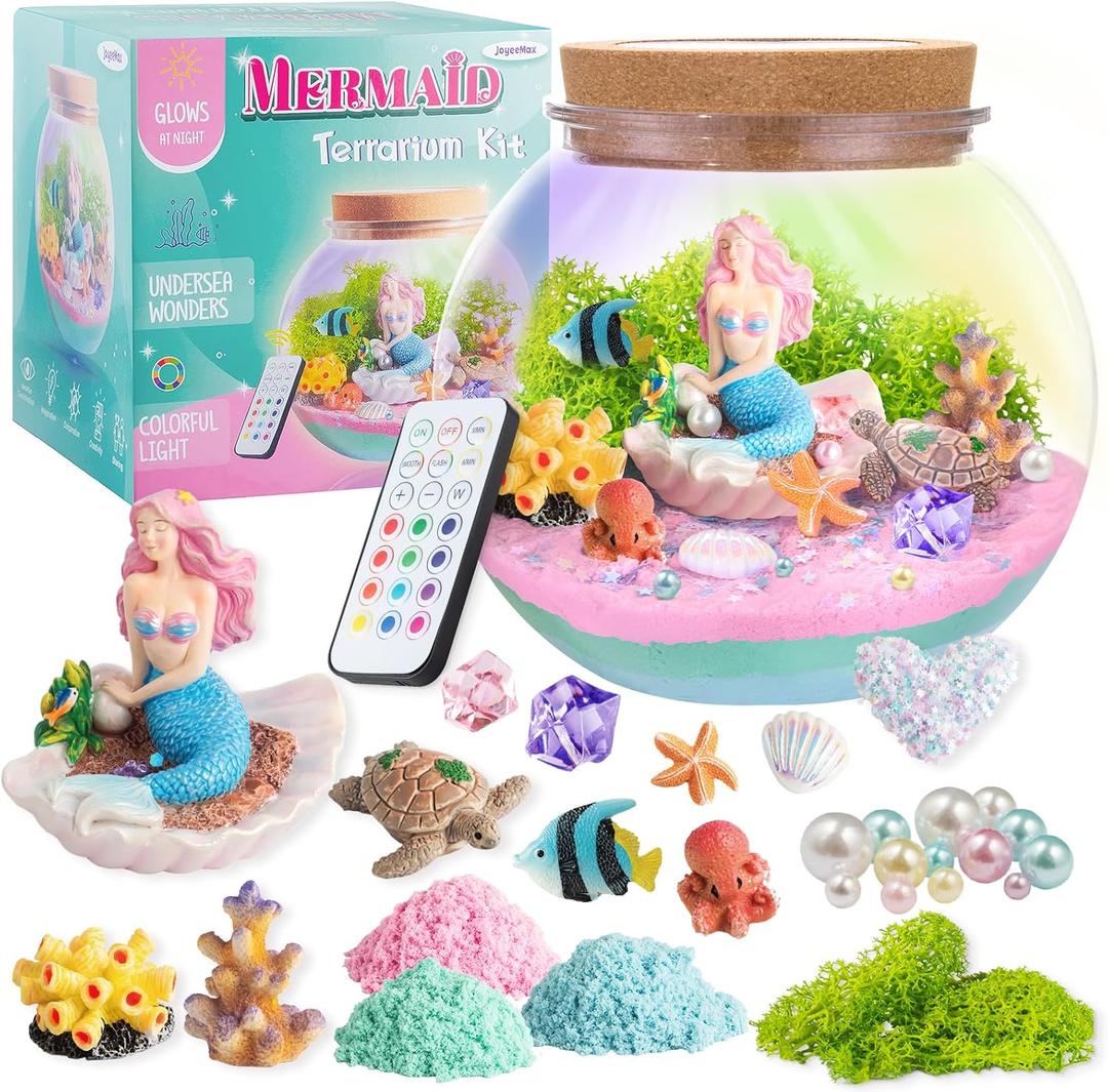 JOYEEMAX Mermaid Light-Up Terrarium Kit for Kids - LED Night Light Birthday Gift for Girls Ages 4 5 6 7 8-12 Year Old - Mermaid Toys for Girls - DIY Arts and Crafts Kit for Kids