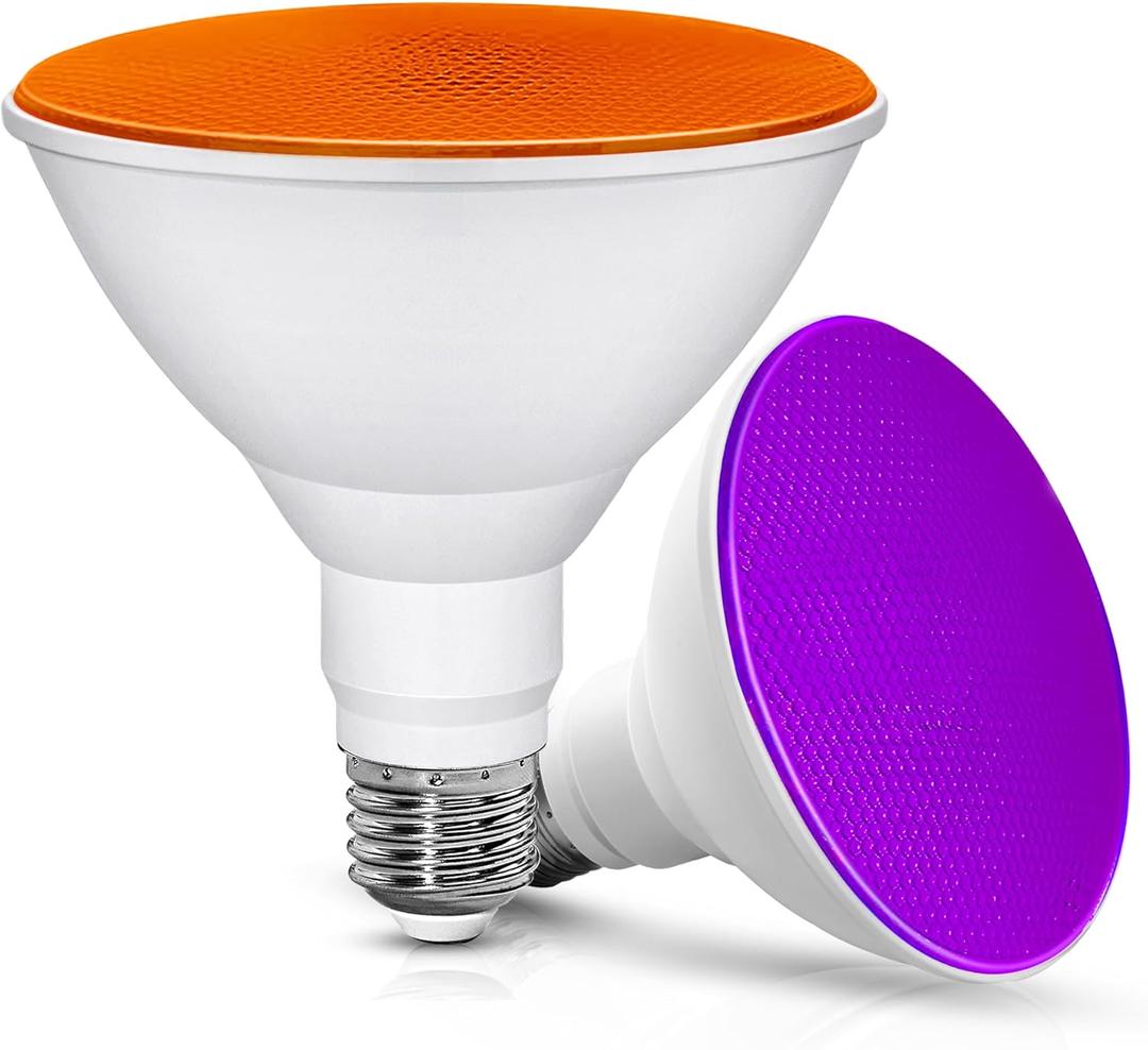 Orange Purple Halloween Light Bulb, 15W(150W Equivalent) LED PAR38 Flood Lights OutdoorE26 Base Colored LED Bulbs For Halloween, Christmas Decorations, Party Holiday Lighting, No-Dimmable, 2 Pack