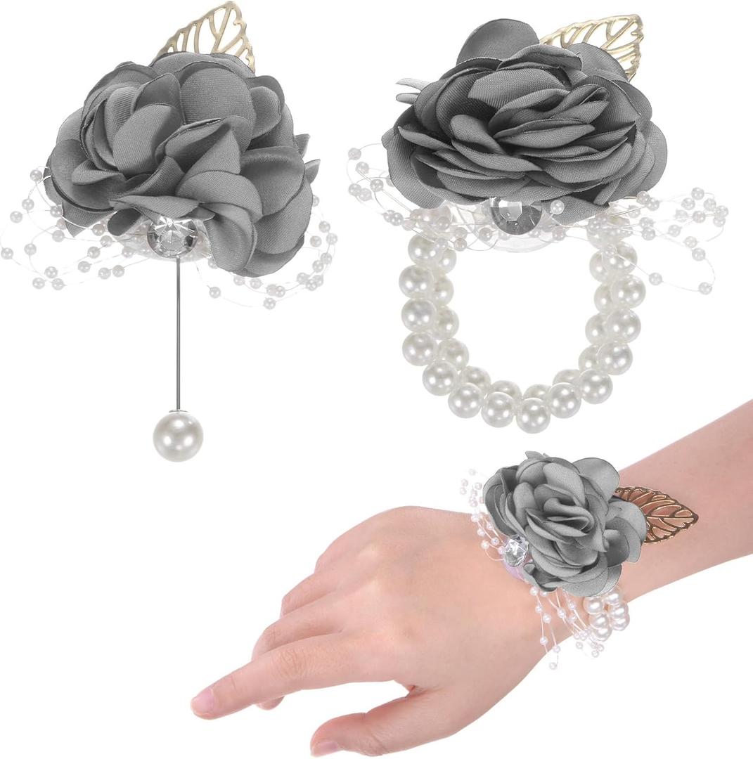 M METERXITY 1-Set Wrist Corsage and Boutonnieres Set, Artificial Rose Flower Wrist and Men Corsage for Wedding/Party/Prom, Flower Wrist Corsage Set [Light Gray]
