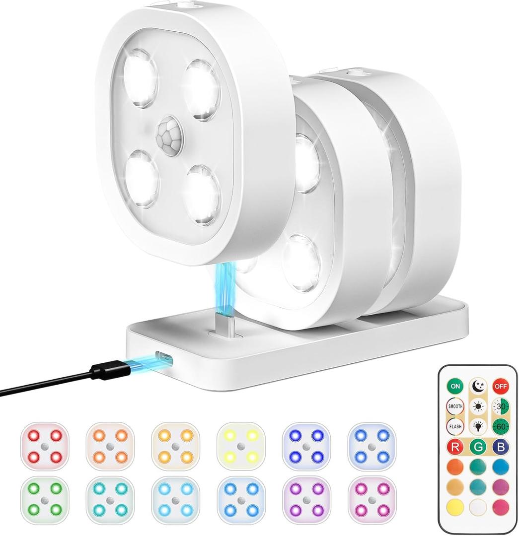 3PCS Motion Sensor Step Light, Rechargeable Puck Lights with Remote, Under Cabinet Lights with 3 Colors&RGB, Magnet Stick on Light for Closet, Hallway, Stairway, Bathroom, Bedroom, Kitchen