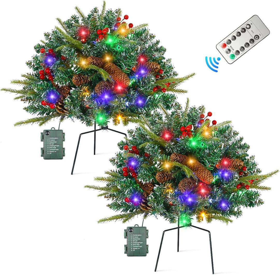 JOYHALO 2 Pack Set 21Inch Christmas Urn Filler with 50 Lights Remote Controlled in Multicolor, Christmas Pot Fillers with PVC&PE Branches, Outdoor Christmas Trees for Porch Pathway Yard Decorations