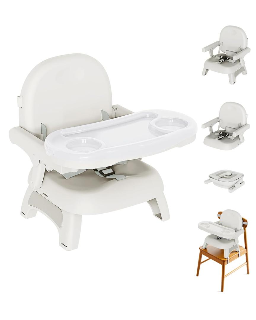 Booster Seat for Kitchen Chair, 3-in-1 Foldable & Portable Booster Seat with Tray, Extra Dishwasher-Safe Tray, Safety Straps for 618M (Up to 30 lbs), for Dining Table, Travel & Camping, Gray