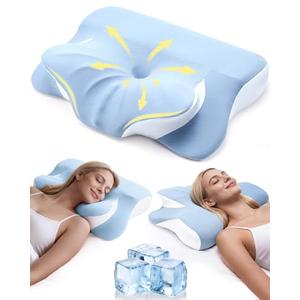 Leewjed Cervical Neck Pillow for Back Side Sleepers, Memory Foam Double-Side Ergonomic Contoured Pillows with Cooling Pillowcase, Mellow Sleep Pillows for Sleeping, Pillow for Neck and Shoulder