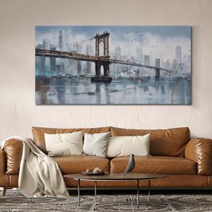 Enartly Brooklyn Bridge Wall Art Canvas Abstract Skyline New York City Painting Modern Bridge Colorful NYC Picture Framed for Bedroom Bathroom Living Room Home Office Wall Decor Large Size 40"x20" (Grey Blue NYC)