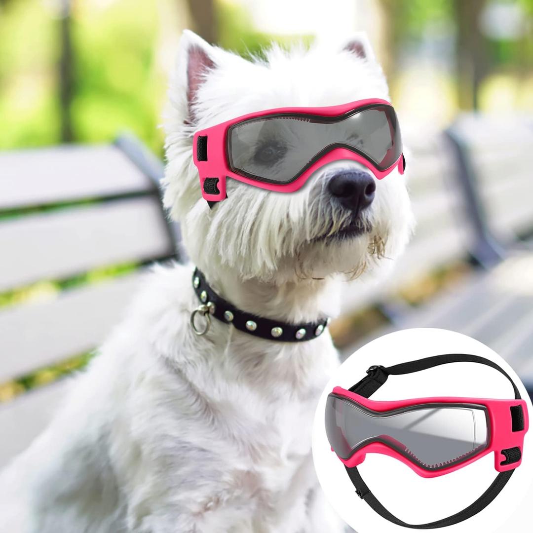 QUMY Dog Goggles UV Protection for Small to Medium Breed, Dog Sunglasses Windproof Anti-Fog Dustproof Snowproof, Puppy Glasses for Outdoor Riding Driving with Comfortable Frame Adjustable Straps (Pink)