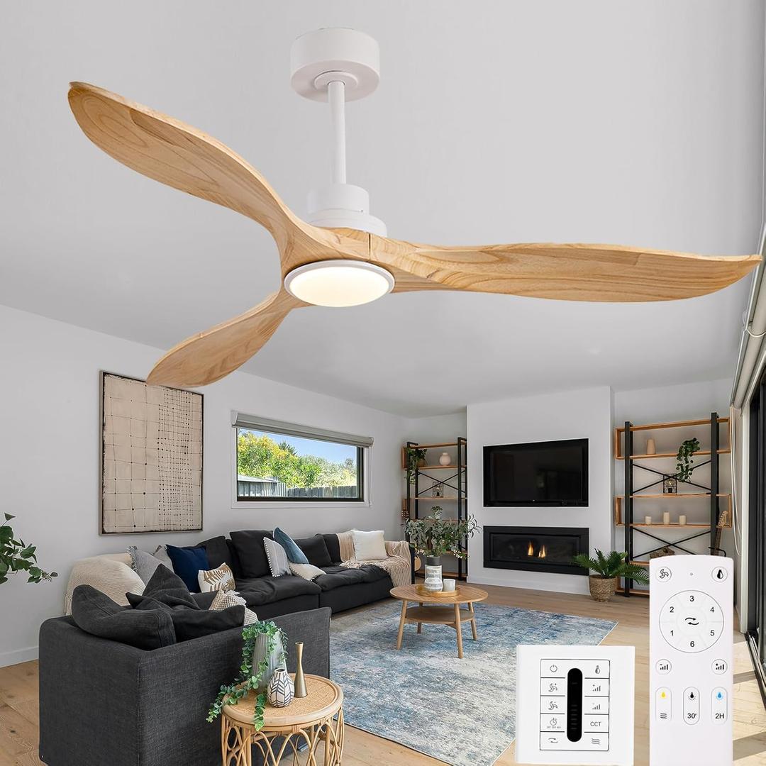 60 Inch Outdoor Solid Wood Ceiling Fans with Lights and Remote,3 Blade Natural Wood Ceiling Fan with Wall Control,Dimmable,3 Downrods, Quiet DC Motor for Bedroom,Patios,Living Room