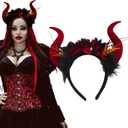 mdgfge Devil Horns Headband Gothic Dragon Demon Red Rose Flower Horns Hair Hoop Hair Accessories for Women Halloween Cosplay Christmas Parties Dress Up Supplies