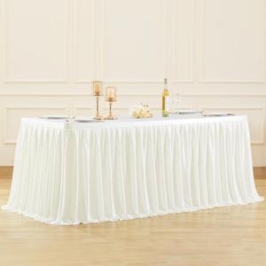 Partisky Light Ivory Pleated Ruffle Table Cloth for Wedding Baby Shower Display Table,Wrinkle Resistant Polyester Table Skirt for Rectangle Tables 6ft