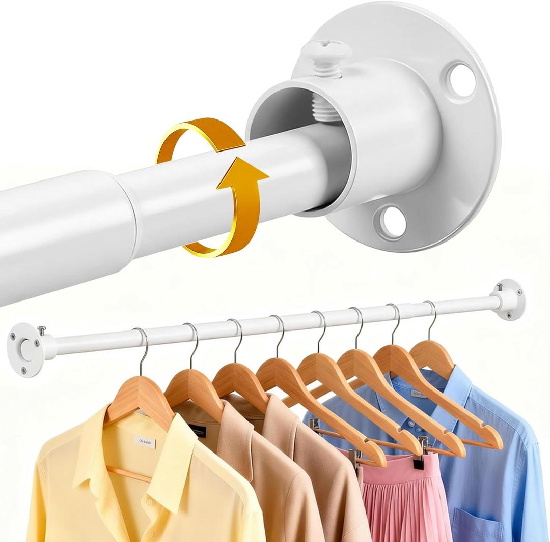 Adjustable Closet Rods for Hanging Clothes 27 to 84 inch, Heavy Duty Armoire Pole with Bracket Holders, 5/ 8" Diameter Metal Cabinet Bar, Clothing Stick Hanger Rod for Wardrobes, Laundry, Shower, RV (White)