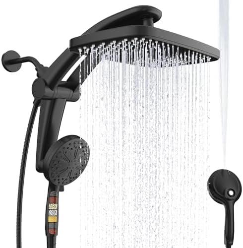Rain Shower Head with Handheld High Pressure rainfall Shower Heads with Handheld Spray Combo Adjustable one-piece stand daul shower head Built-in Magnetic Docking and Power Jets-Black