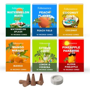 Folkulture Incense Cones (60 Cones) | Set of 6 Fresh Summer Fragrance Fruit Incense Cones for Home, Relaxation, Aromatherapy Gifts | No Charcoal,Organic,Non Toxic Citrus,Coconut,Mango Inscents-Cones