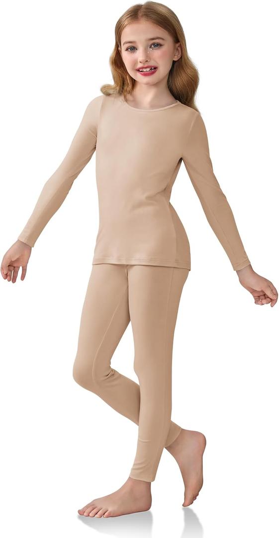 Arshiner Girls Clothes 2 Piece Fall Outfits Slim Long Sleeve Shirt and Leggings Set Kids Thermal Underwear sets (13-14 Years, Apricot)