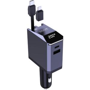 Aftertop 200W Retractable Car Charger, 3-in-1 Independent Fast Charging, 2.3ft 105W Retractable Cable, Power Display USB C Car Charger for MacBook Pro, iPhone 16 15, Galaxy S25 S24 Ultra etc