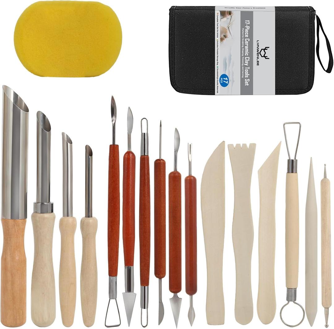 17Pcs Clay Sculpting Tools, Basic Clay Tools Kit, Polymer Clay Tools with Wooden Handles & Tool Bag, Practical Air Dry Clay Tools for Dotting, Carving, Molding, Pottery Kit for Adults Kids