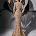 Women's V-Neck Sequin Beaded Mermaid Prom Dress Long Sleeve Formal Evening Gown Bodycon Wedding Guest Party Maxi Dress (Beige, L)
