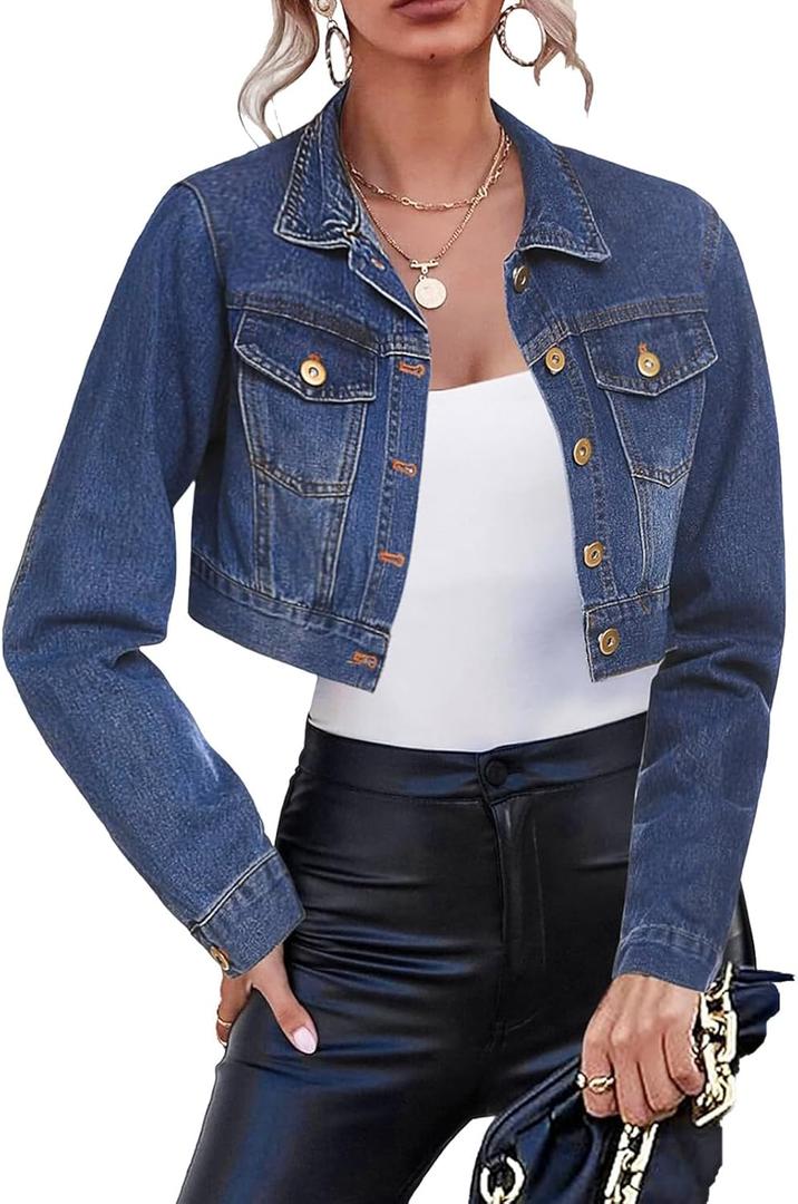 Cropped Jean Jacket for Women Long Sleeve Classic Casual Crop Top Denim Jackets Coat (S)