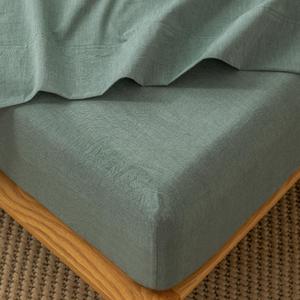 MooMee Fitted Bottom Sheet Only 100% Washed Cotton Linen Like Textured Breathable Durable Soft Comfy Deep Pocket Fits Mattress up to 17" (Heathered Green, Twin)