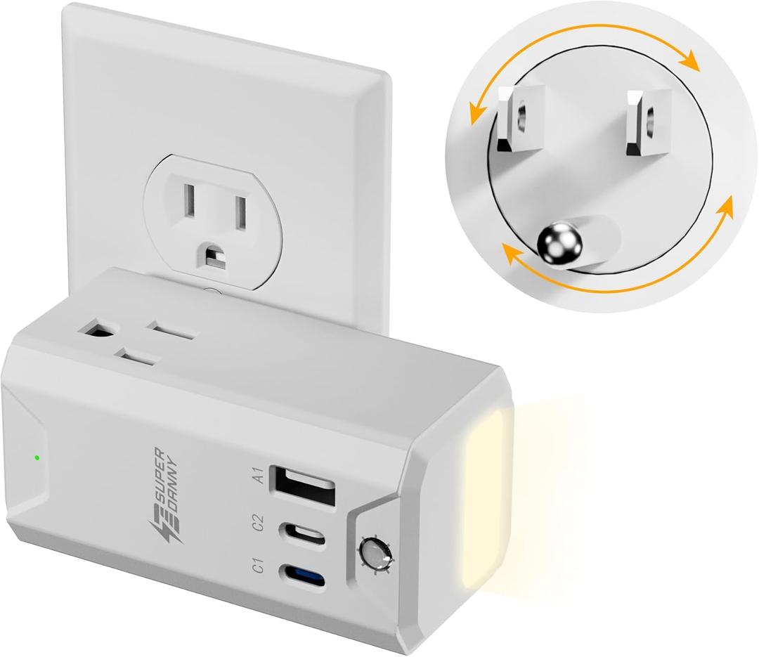Rotating Wall Outlet Extender with Night Light, SUPERDANY 3 AC Outlet Adapter with 3 USB Ports, 20W USB-C Fast Charging, Automatic Light ON/OFF Dimmable, 4-Sided Outlet Splitter for Home Office Travel